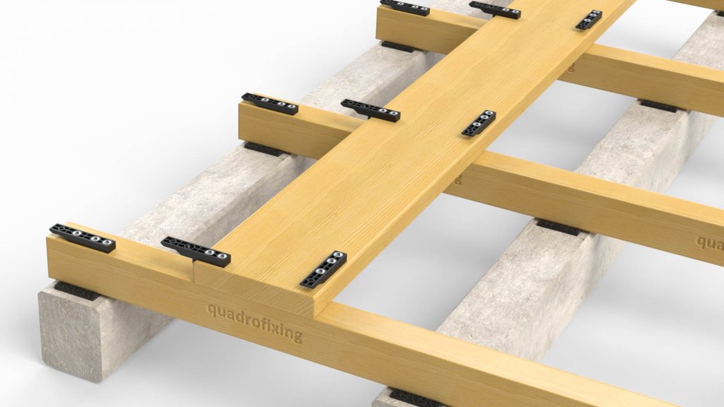 Régua de deck com clips QUADRO CLIP sobre uma estrutura de madeira