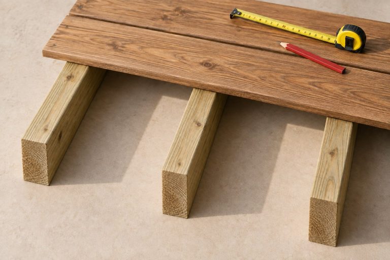 Três barrotes e duas réguas de deck com fita métrica e lápis de carpinteiro