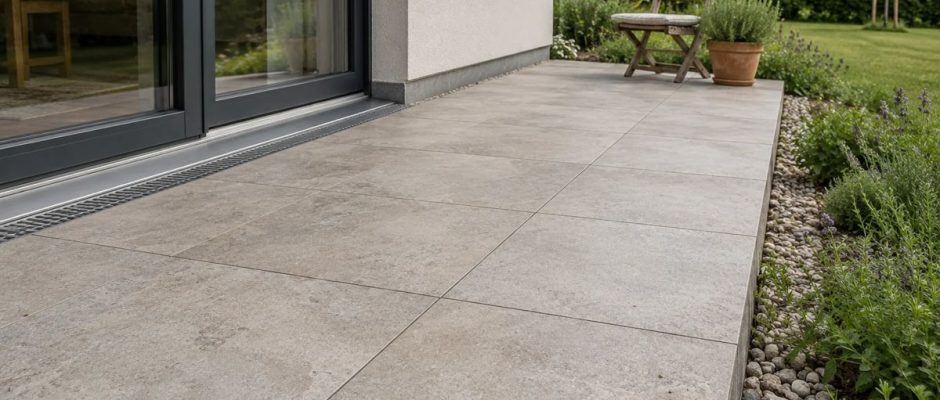 Terraço baixo com lajetas claras e uma caleira de drenagem junto à porta